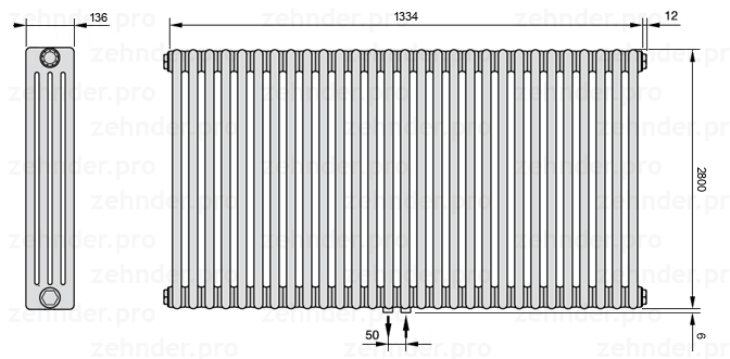 Схема (чертеж) Радиатор Zehnder Charleston 4280/29 №5410 Белый глянцевый RAL 9016